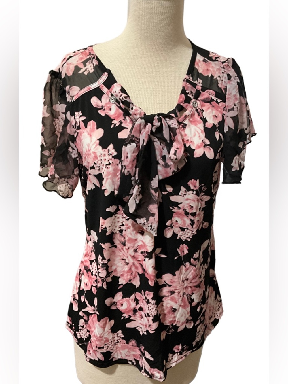 Adele & May Floral Tie Neck Blouse Black Pink Short Sleeve Women's M NWT